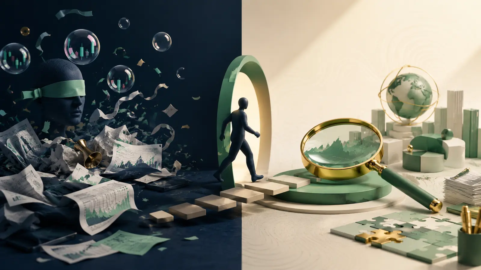 Conceptual market illustration for How to Research Stocks Without Fooling Yourself