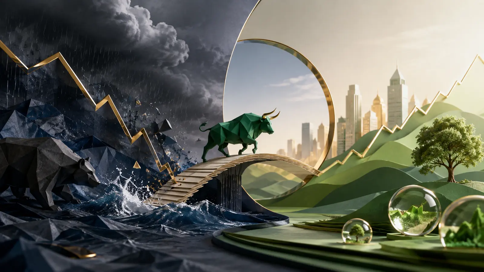 Conceptual market illustration for Stock Market Crashes and Recoveries: What Long-Term Investors Should Know