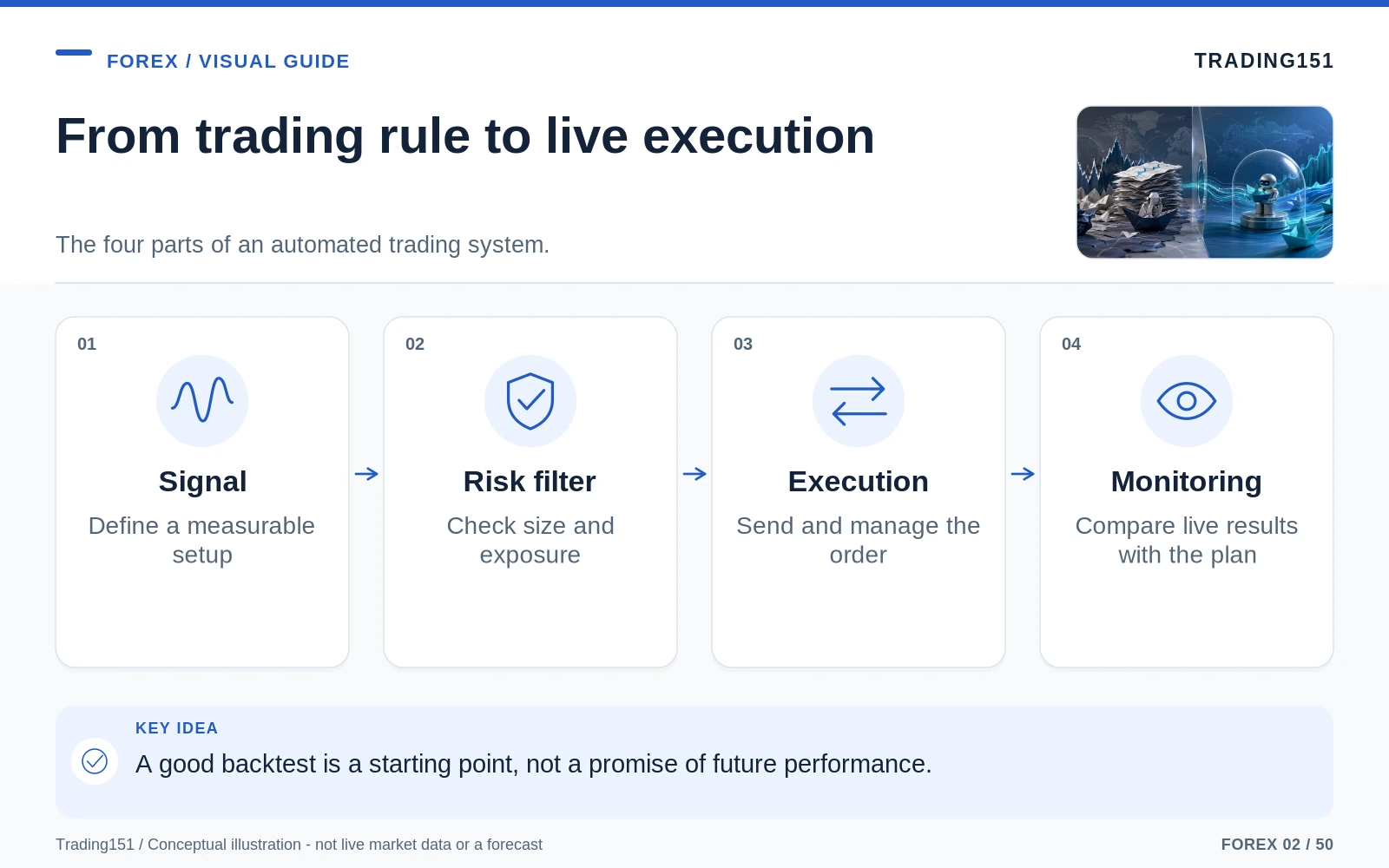 Conceptual diagram: From trading rule to live execution. Key elements: Signal; Risk filter; Execution; Monitoring.