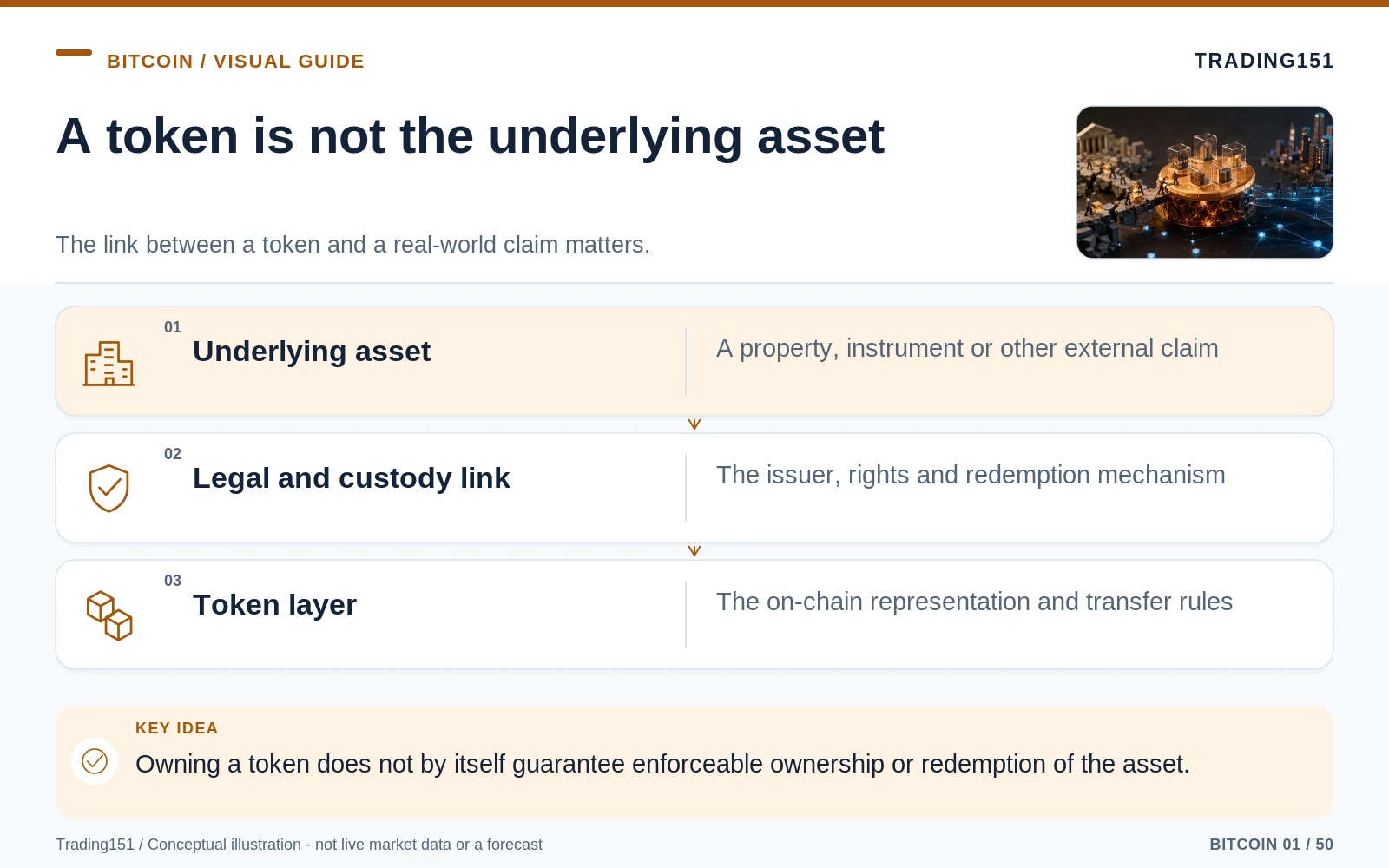 Conceptual diagram: A token is not the underlying asset. Key elements: Underlying asset; Legal and custody link; Token layer.