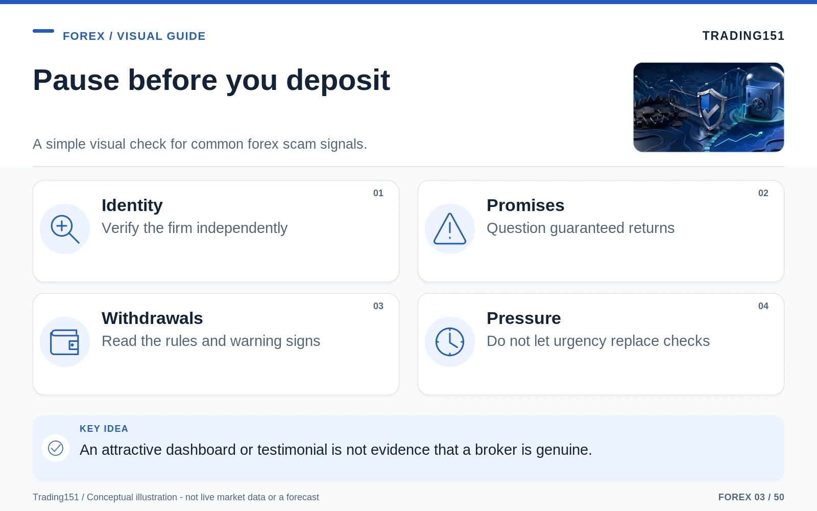 Conceptual diagram: Pause before you deposit. Key elements: Identity; Promises; Withdrawals; Pressure.