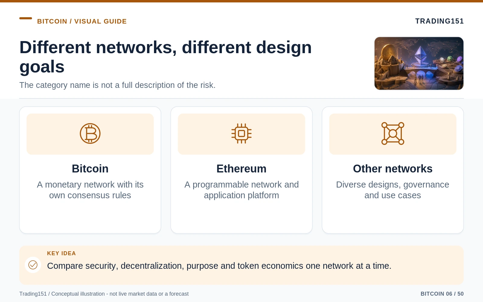 Conceptual diagram: Different networks, different design goals. Key elements: Bitcoin; Ethereum; Other networks.