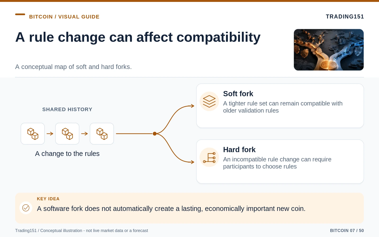 Conceptual diagram: A rule change can affect compatibility. Key elements: Soft fork; Hard fork.