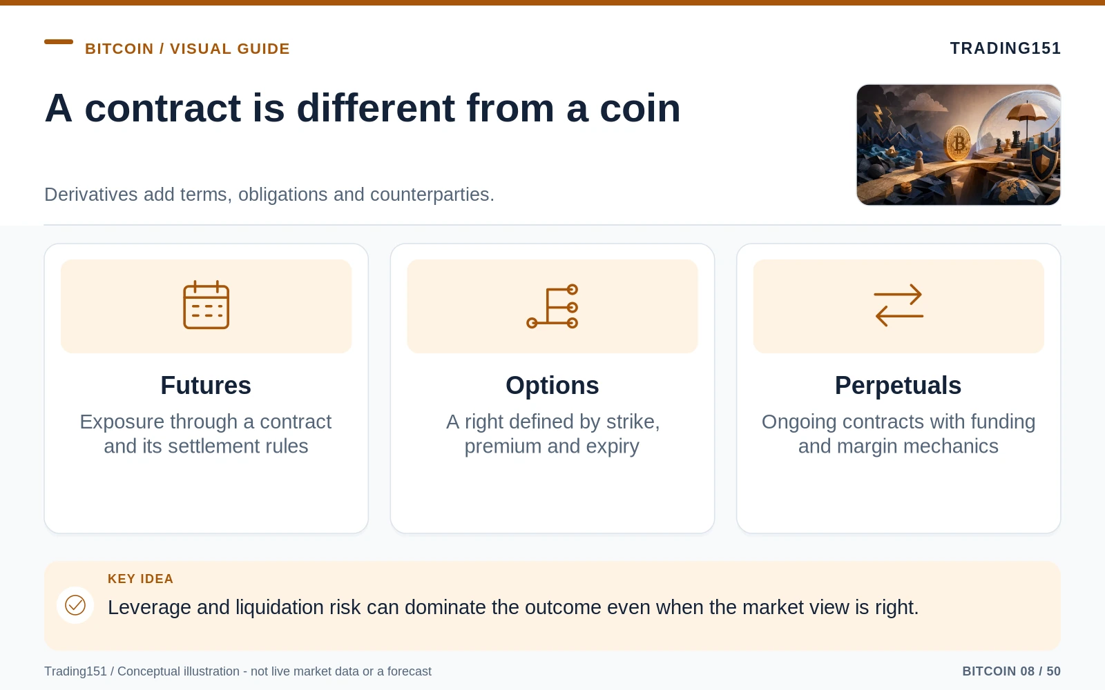 Conceptual diagram: A contract is different from a coin. Key elements: Futures; Options; Perpetuals.