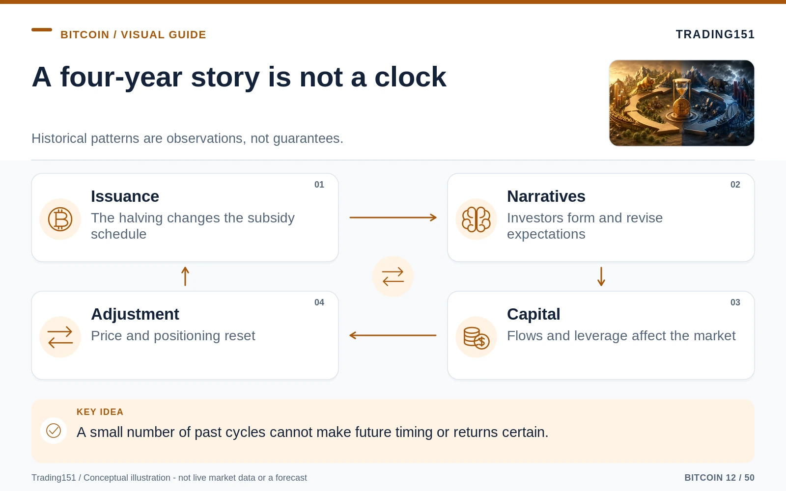 Conceptual diagram: A four-year story is not a clock. Key elements: Issuance; Narratives; Capital; Adjustment.