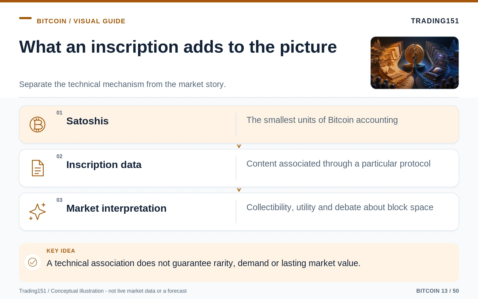 Conceptual diagram: What an inscription adds to the picture. Key elements: Satoshis; Inscription data; Market interpretation.