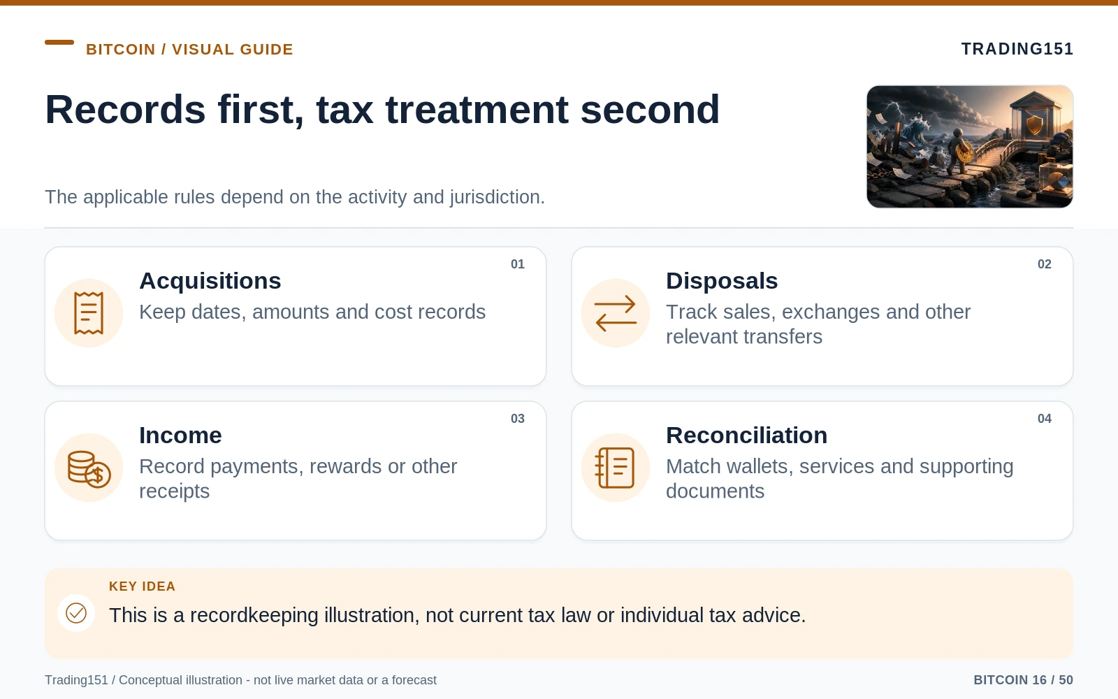 Conceptual diagram: Records first, tax treatment second. Key elements: Acquisitions; Disposals; Income; Reconciliation.