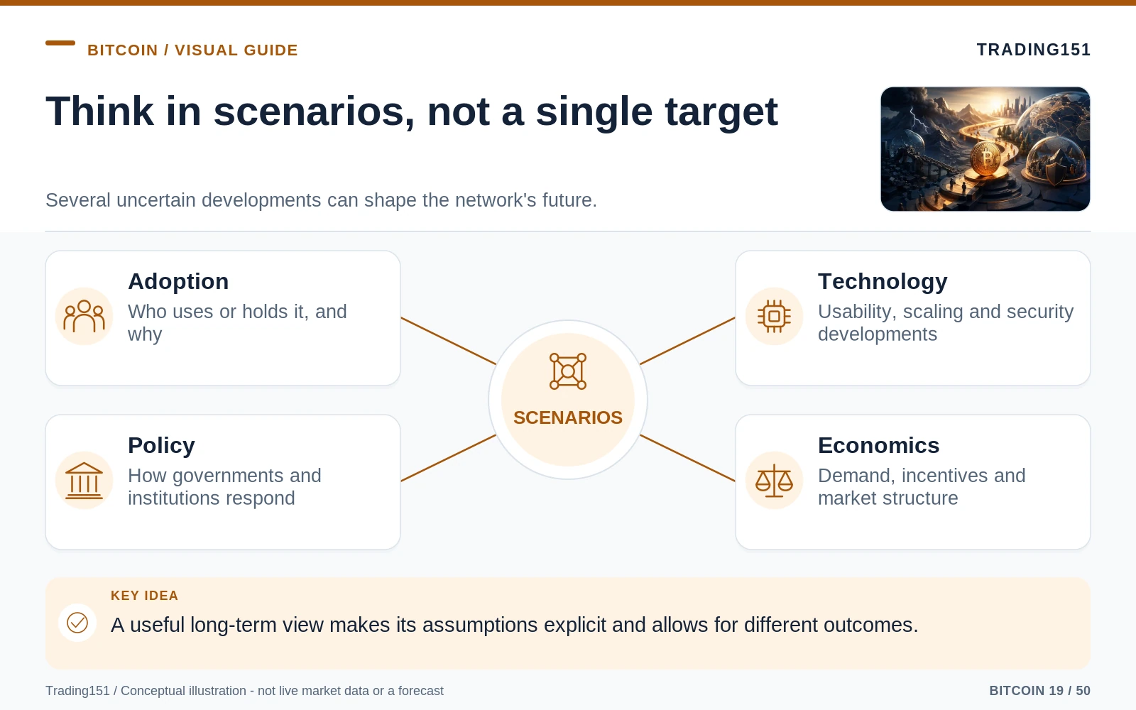 Conceptual diagram: Think in scenarios, not a single target. Key elements: Adoption; Technology; Policy; Economics.