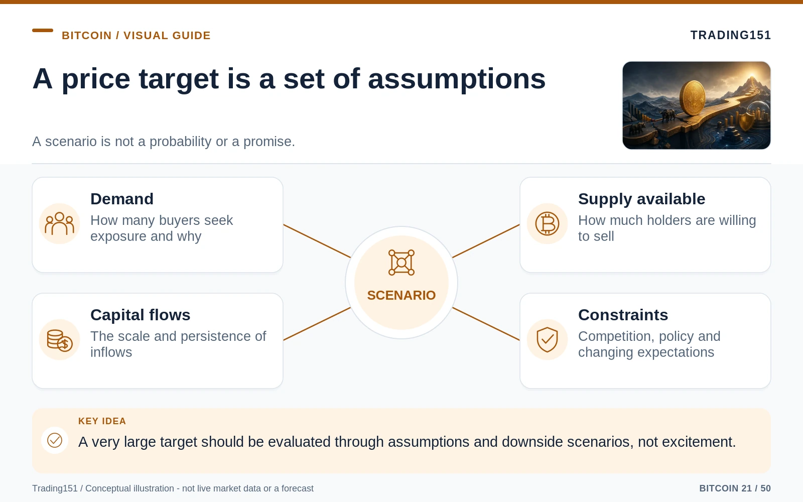 Conceptual diagram: A price target is a set of assumptions. Key elements: Demand; Supply available; Capital flows; Constraints.