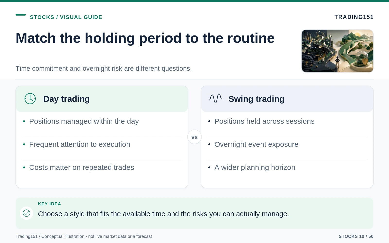 Conceptual diagram: Match the holding period to the routine. Key elements: Day trading; Swing trading.