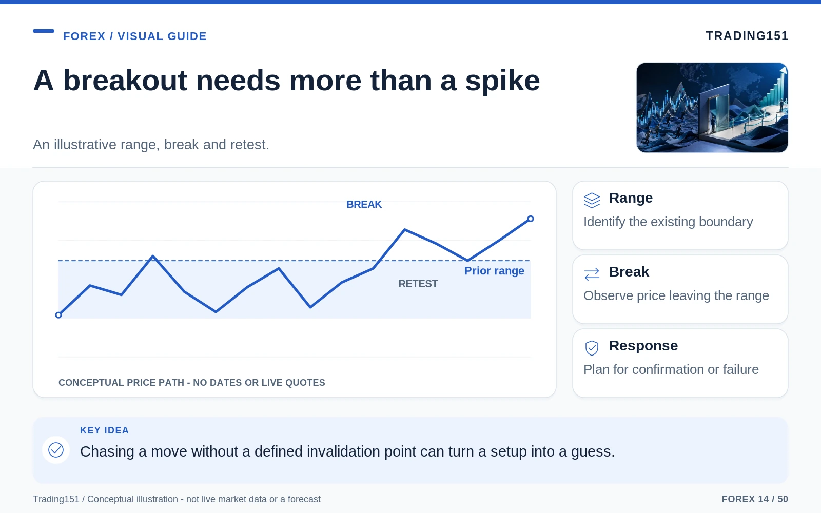 Conceptual diagram: A breakout needs more than a spike. Key elements: Range; Break; Response.