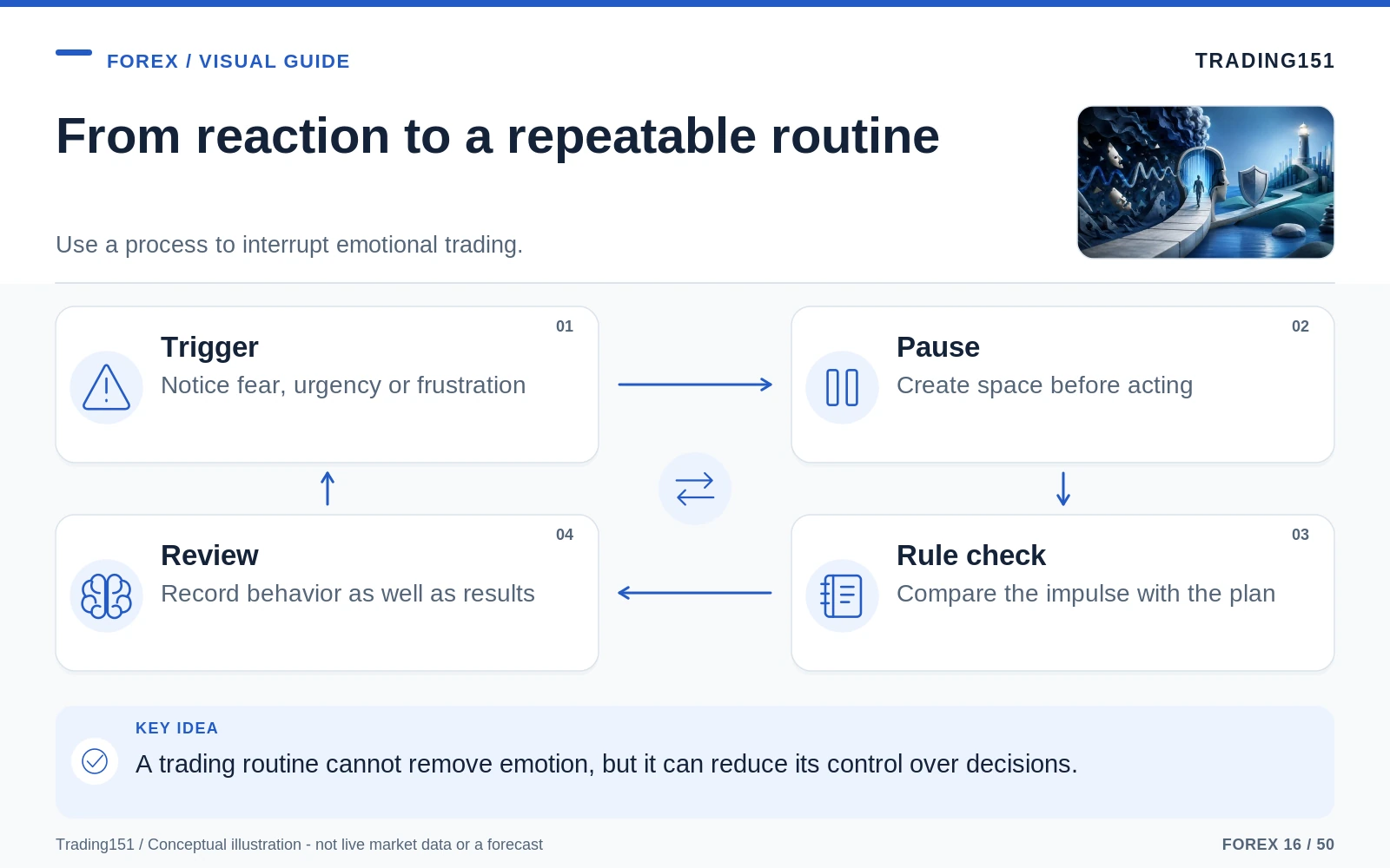 Conceptual diagram: From reaction to a repeatable routine. Key elements: Trigger; Pause; Rule check; Review.