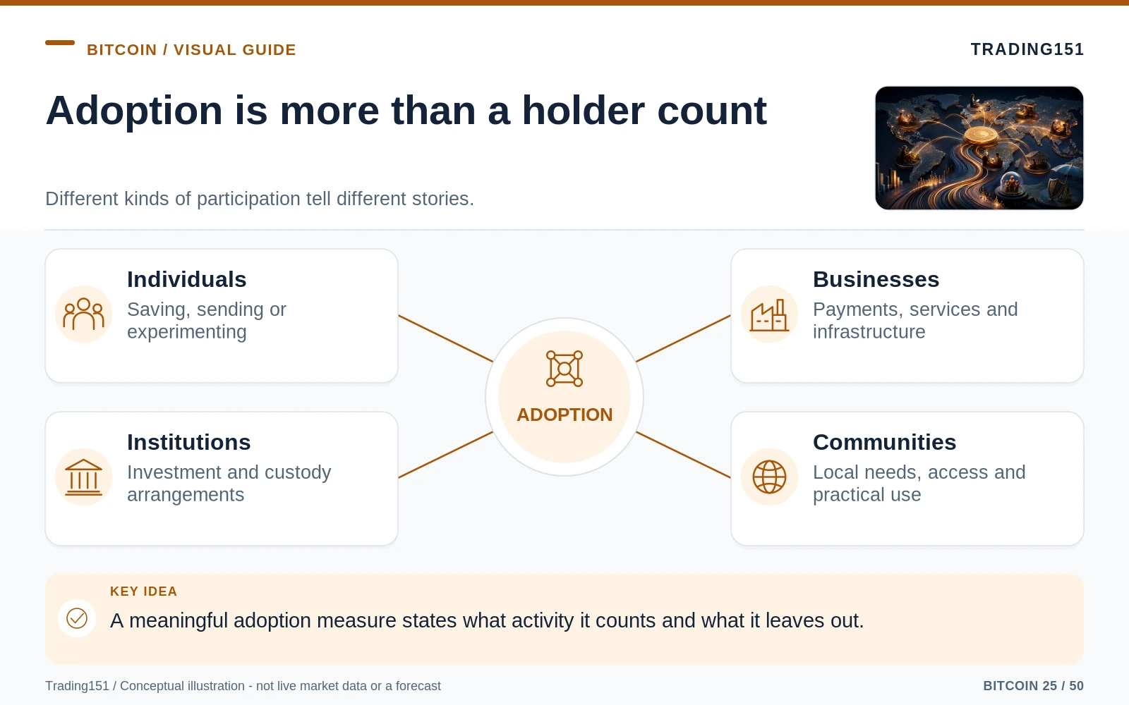 Conceptual diagram: Adoption is more than a holder count. Key elements: Individuals; Businesses; Institutions; Communities.