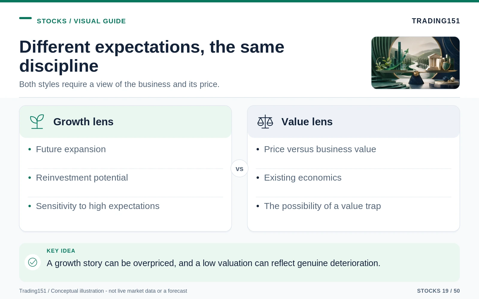 Conceptual diagram: Different expectations, the same discipline. Key elements: Growth lens; Value lens.