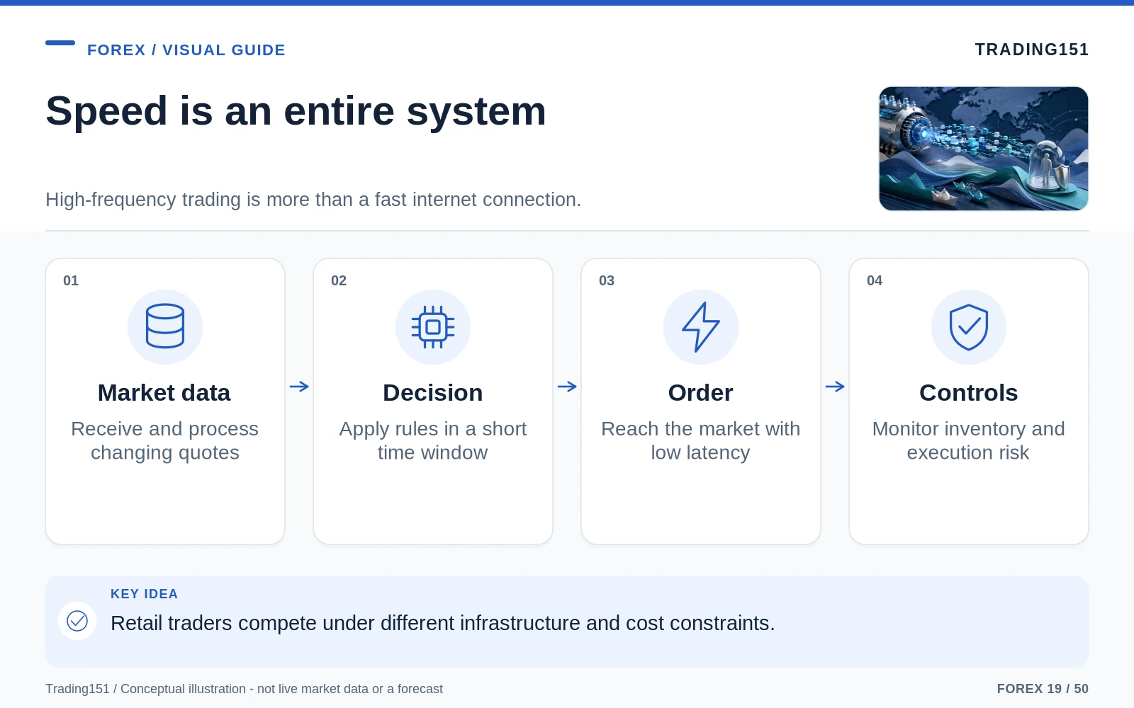 Conceptual diagram: Speed is an entire system. Key elements: Market data; Decision; Order; Controls.