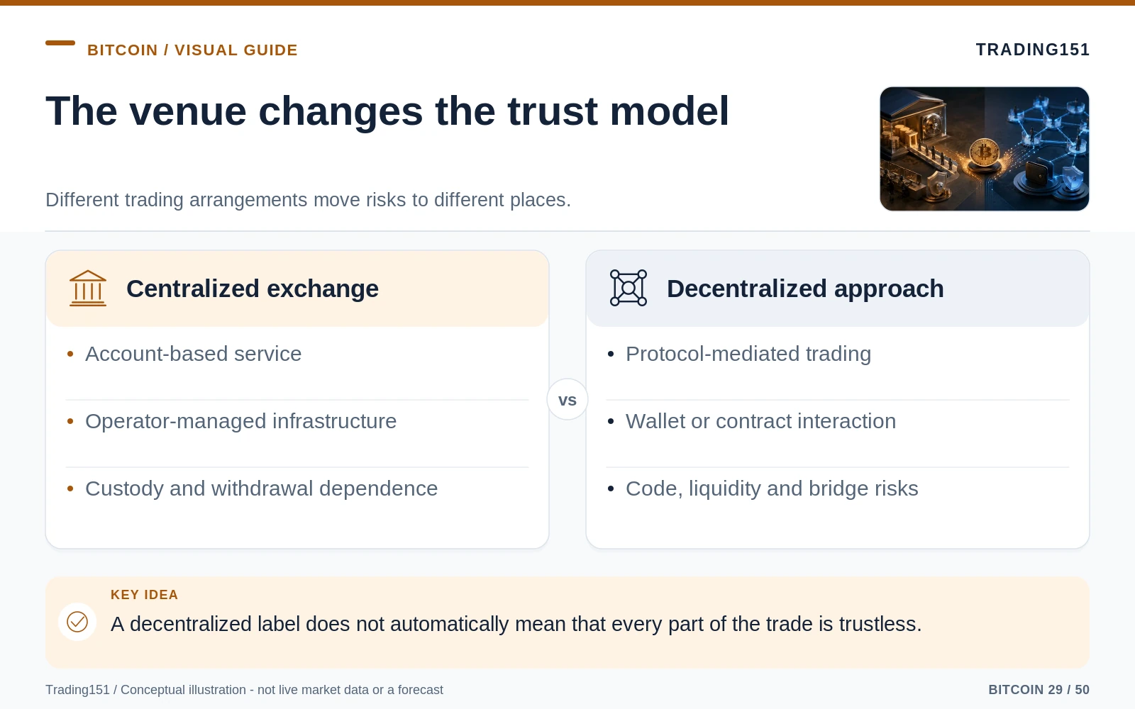 Conceptual diagram: The venue changes the trust model. Key elements: Centralized exchange; Decentralized approach.