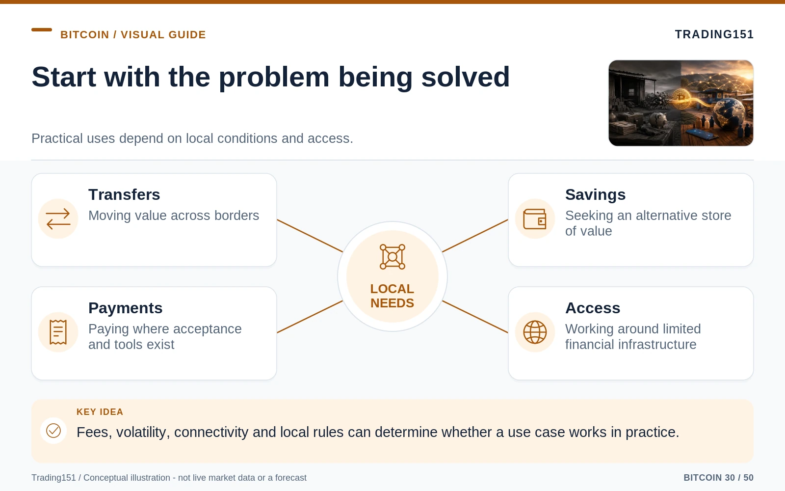 Conceptual diagram: Start with the problem being solved. Key elements: Transfers; Savings; Payments; Access.
