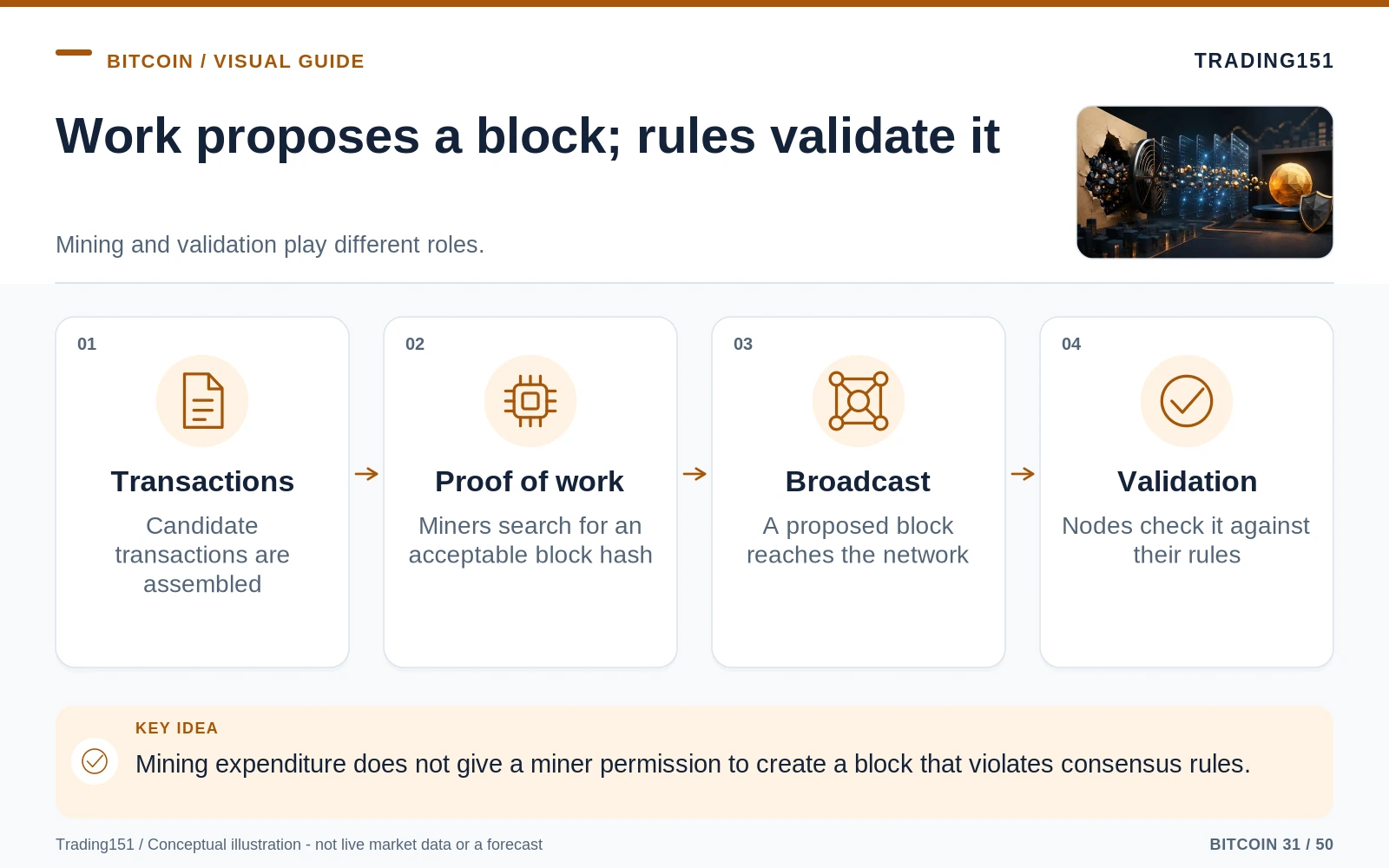 Conceptual diagram: Work proposes a block; rules validate it. Key elements: Transactions; Proof of work; Broadcast; Validation.