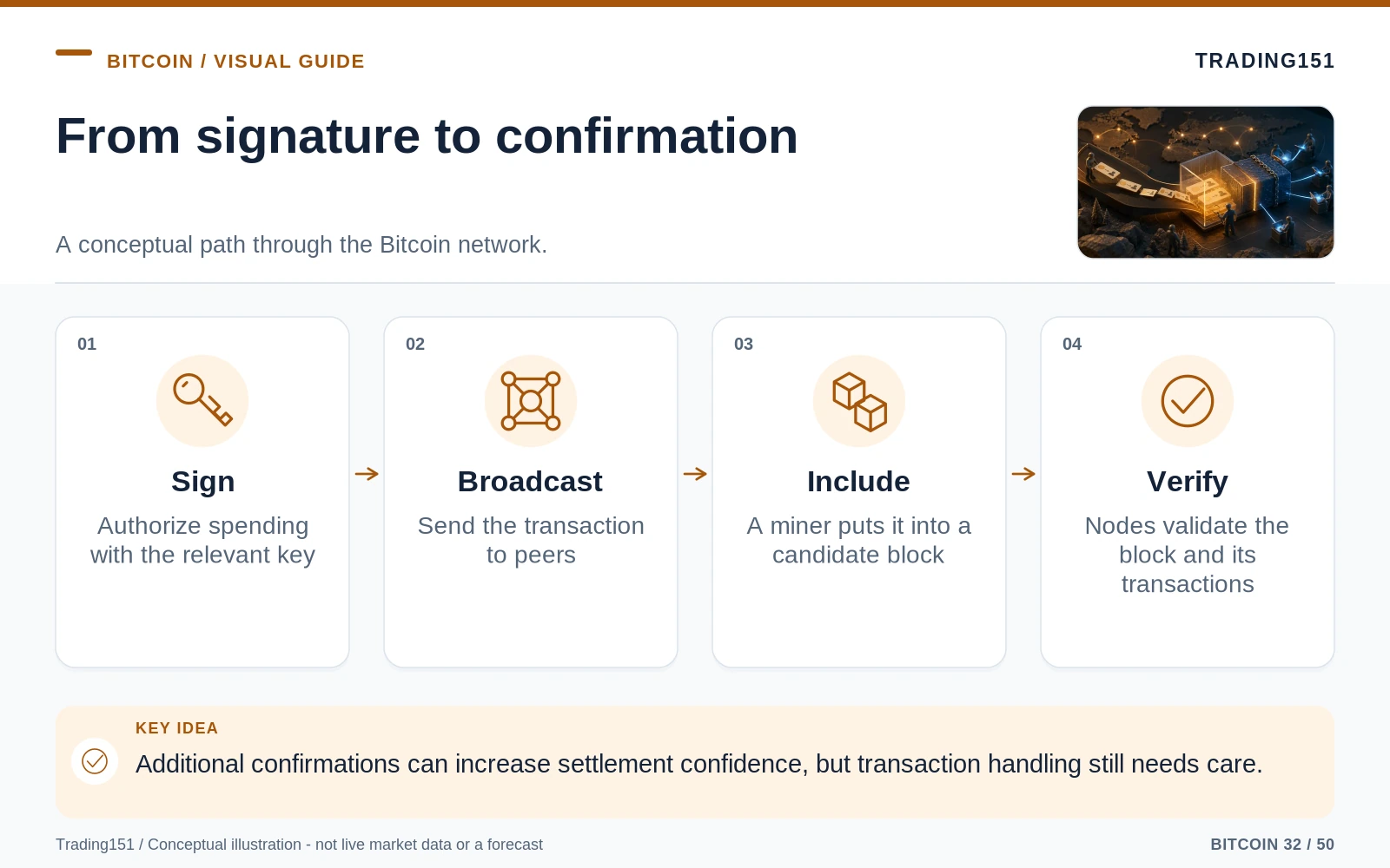 Conceptual diagram: From signature to confirmation. Key elements: Sign; Broadcast; Include; Verify.