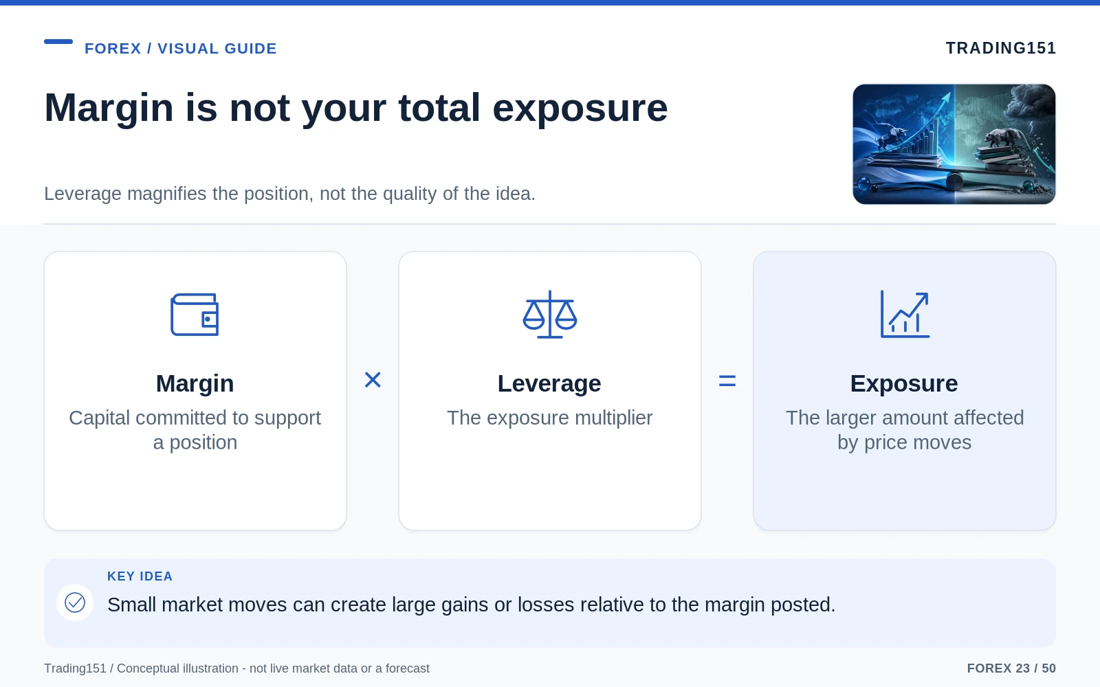Conceptual diagram: Margin is not your total exposure. Key elements: Margin; Leverage; Exposure.