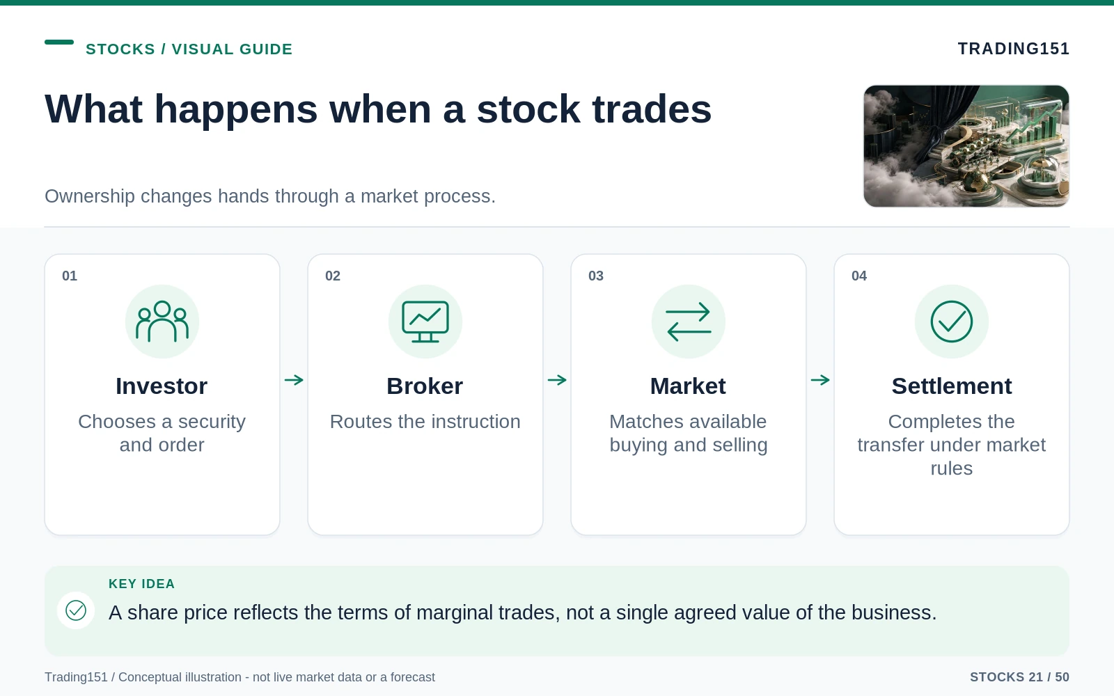 Conceptual diagram: What happens when a stock trades. Key elements: Investor; Broker; Market; Settlement.