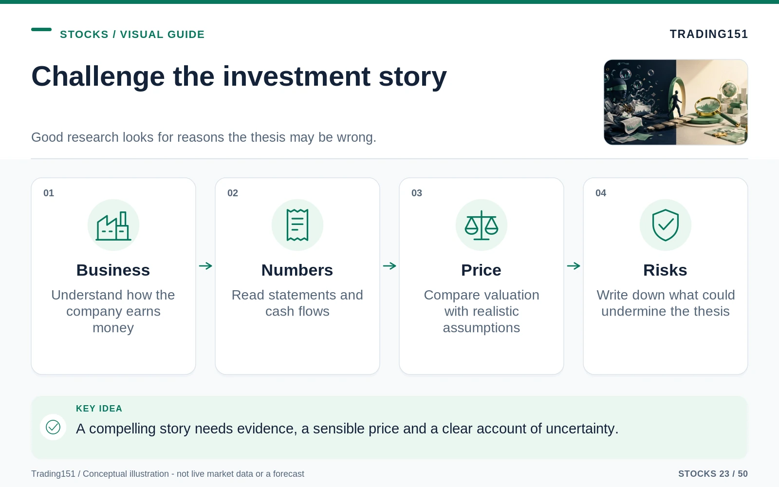 Conceptual diagram: Challenge the investment story. Key elements: Business; Numbers; Price; Risks.