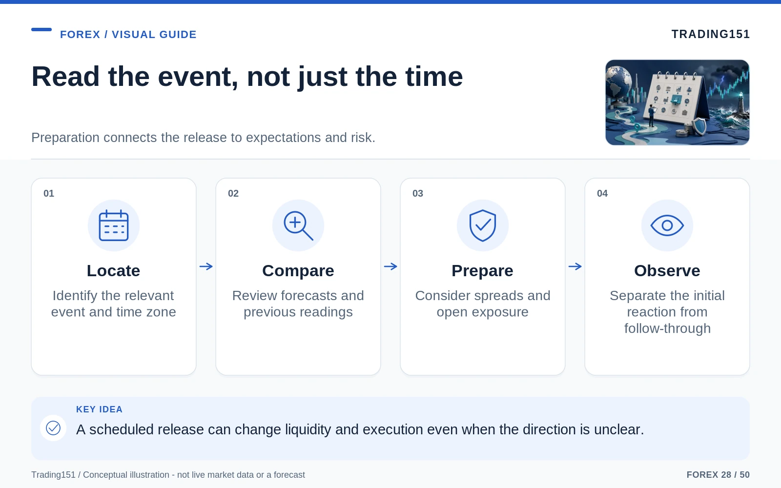 Conceptual diagram: Read the event, not just the time. Key elements: Locate; Compare; Prepare; Observe.