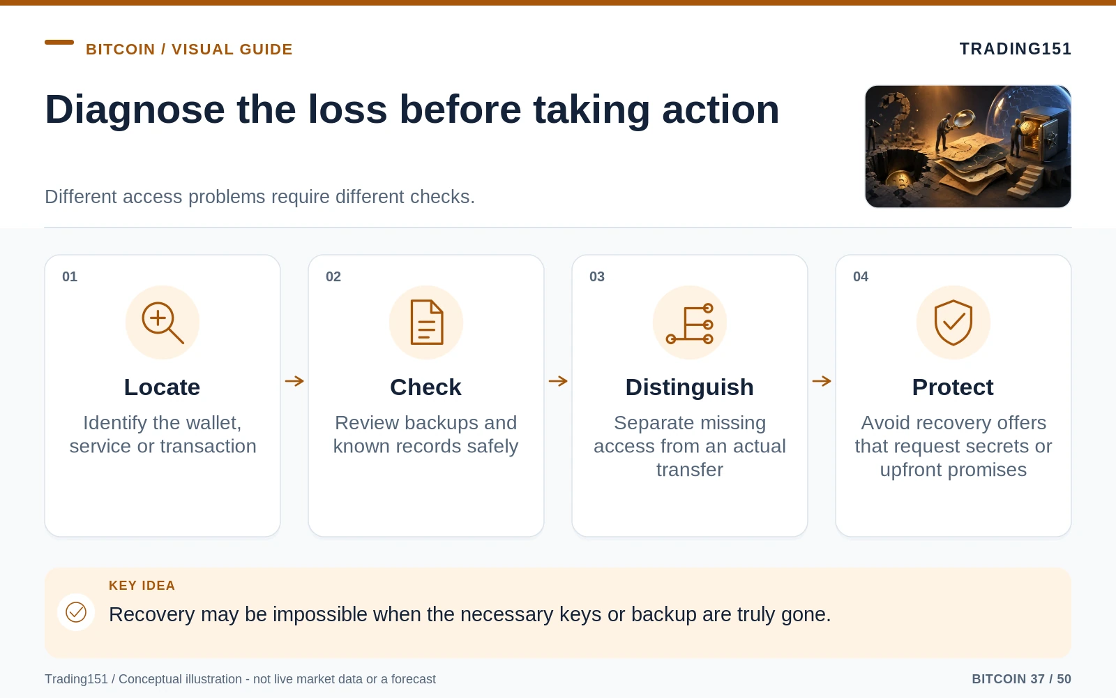 Conceptual diagram: Diagnose the loss before taking action. Key elements: Locate; Check; Distinguish; Protect.