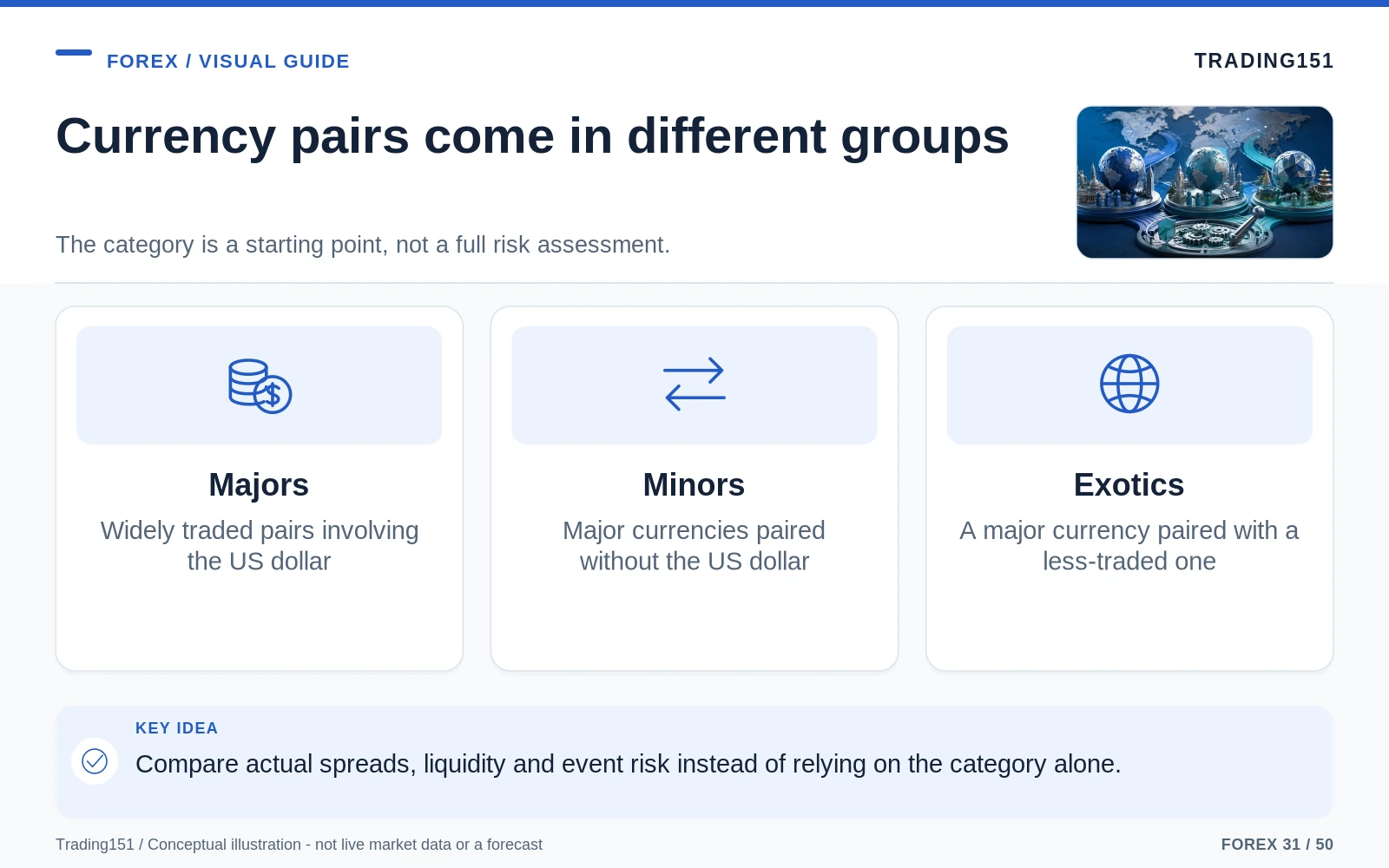 Conceptual diagram: Currency pairs come in different groups. Key elements: Majors; Minors; Exotics.