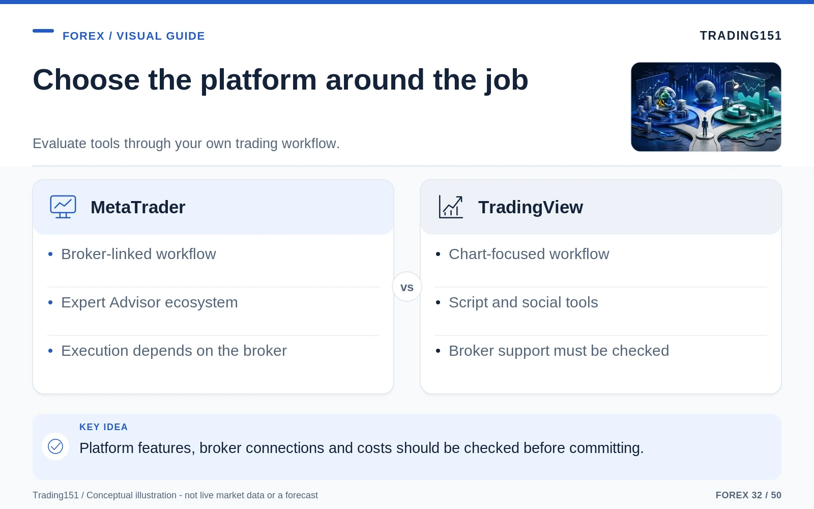 Conceptual diagram: Choose the platform around the job. Key elements: MetaTrader; TradingView.