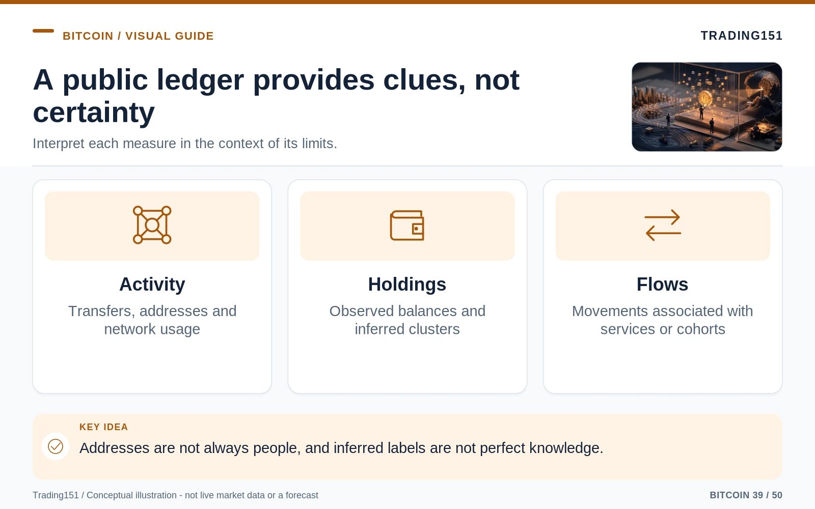 Conceptual diagram: A public ledger provides clues, not certainty. Key elements: Activity; Holdings; Flows.