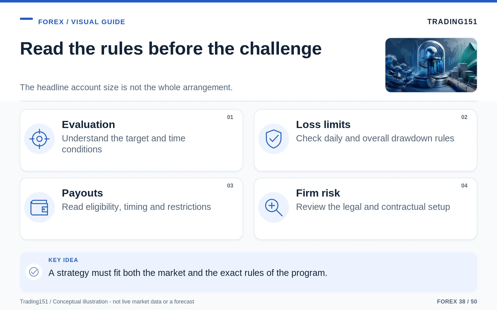 Conceptual diagram: Read the rules before the challenge. Key elements: Evaluation; Loss limits; Payouts; Firm risk.