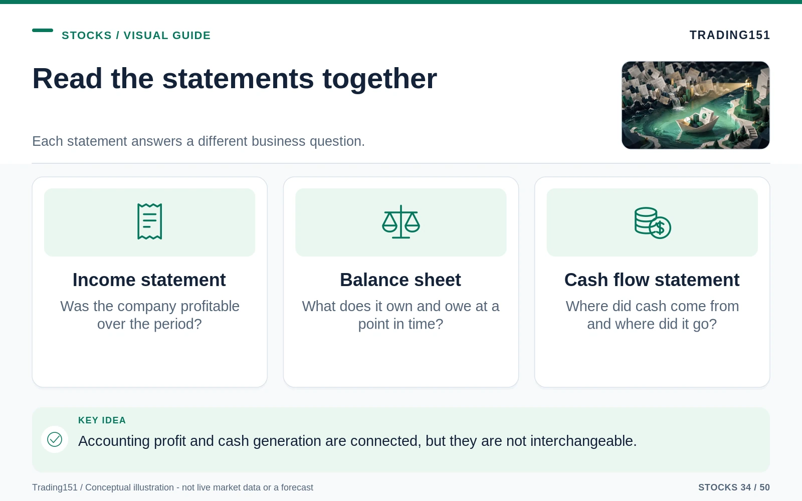 Conceptual diagram: Read the statements together. Key elements: Income statement; Balance sheet; Cash flow statement.