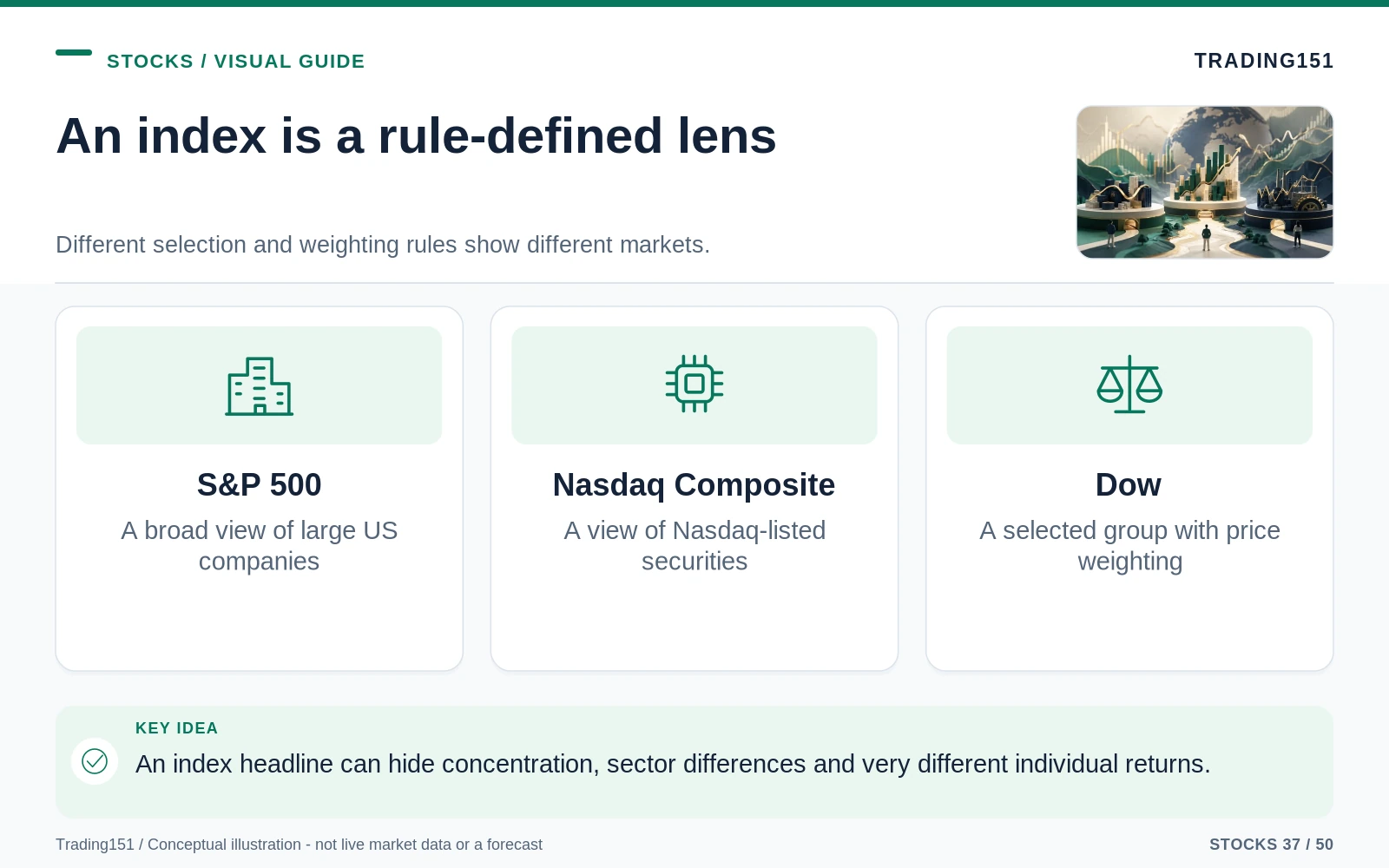 Conceptual diagram: An index is a rule-defined lens. Key elements: S&P 500; Nasdaq Composite; Dow.