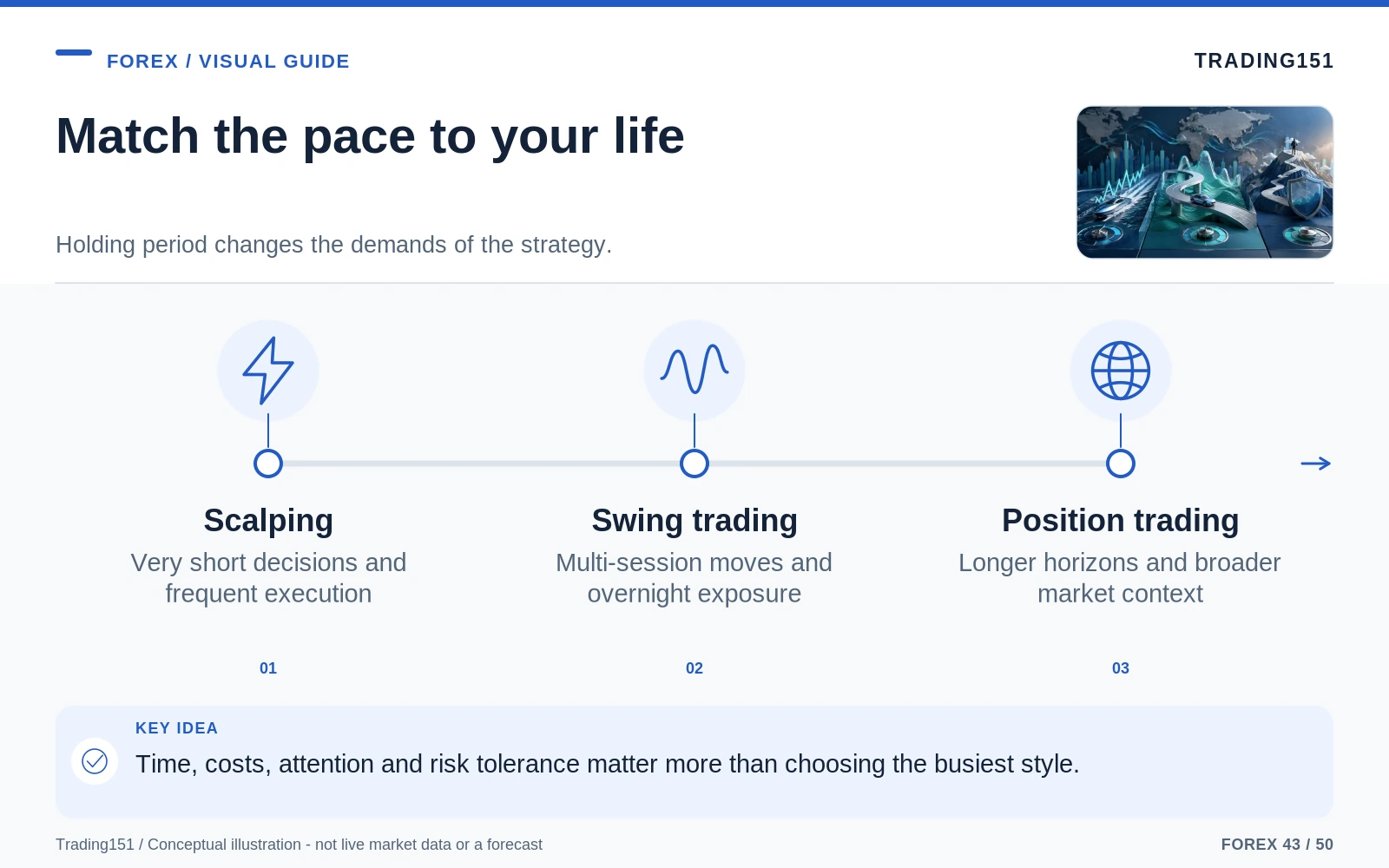 Conceptual diagram: Match the pace to your life. Key elements: Scalping; Swing trading; Position trading.