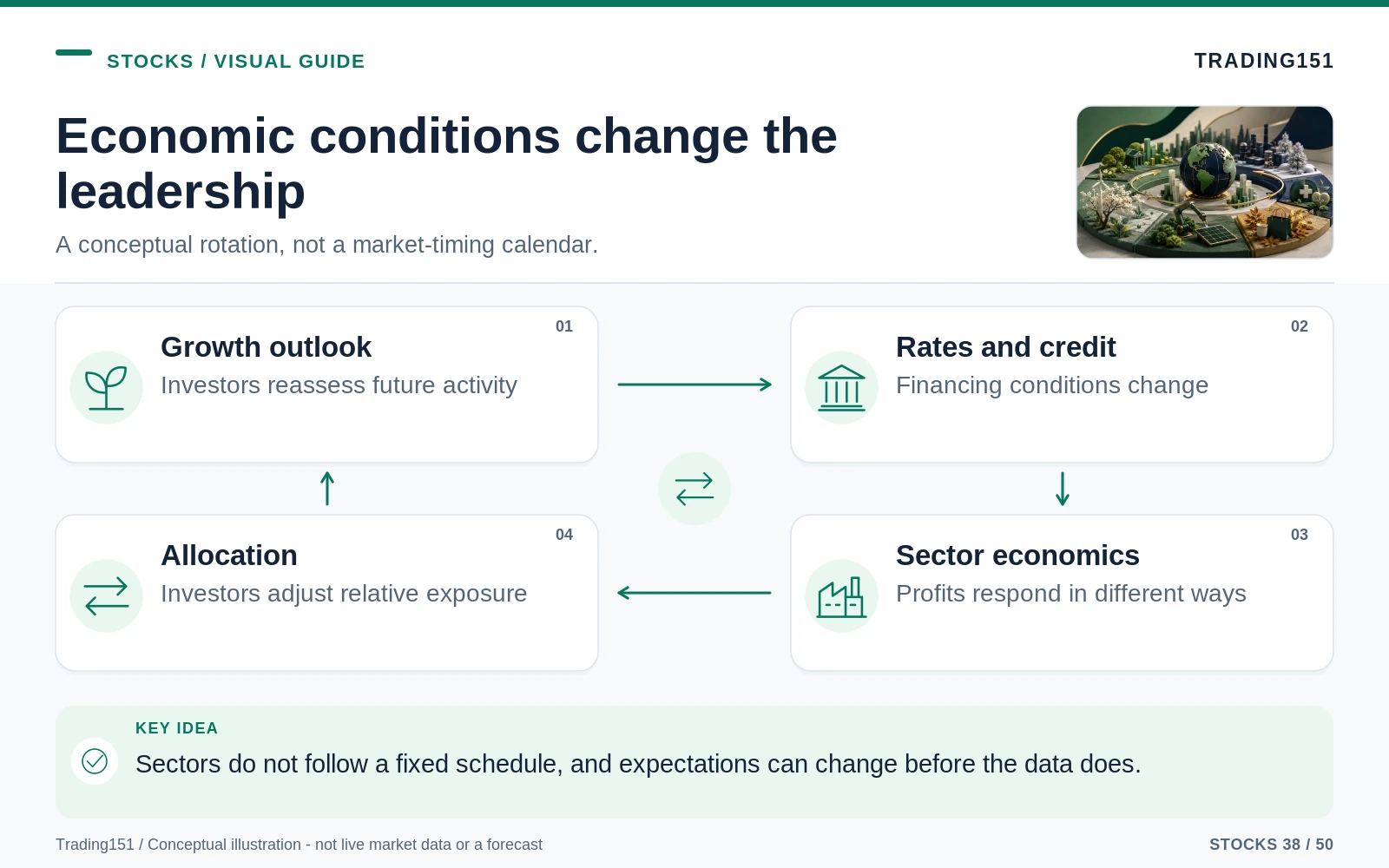 Conceptual diagram: Economic conditions change the leadership. Key elements: Growth outlook; Rates and credit; Sector economics; Allocation.