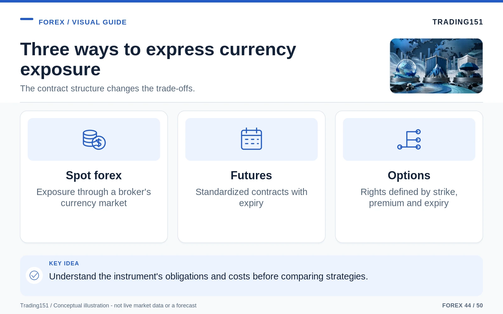 Conceptual diagram: Three ways to express currency exposure. Key elements: Spot forex; Futures; Options.