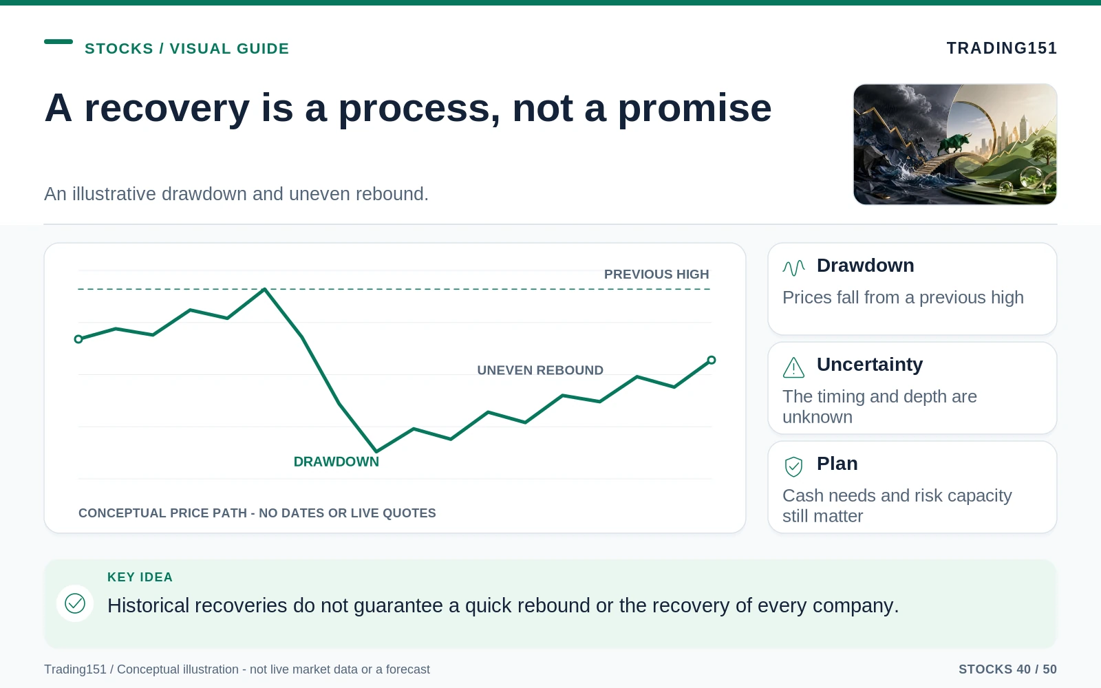 Conceptual diagram: A recovery is a process, not a promise. Key elements: Drawdown; Uncertainty; Plan.