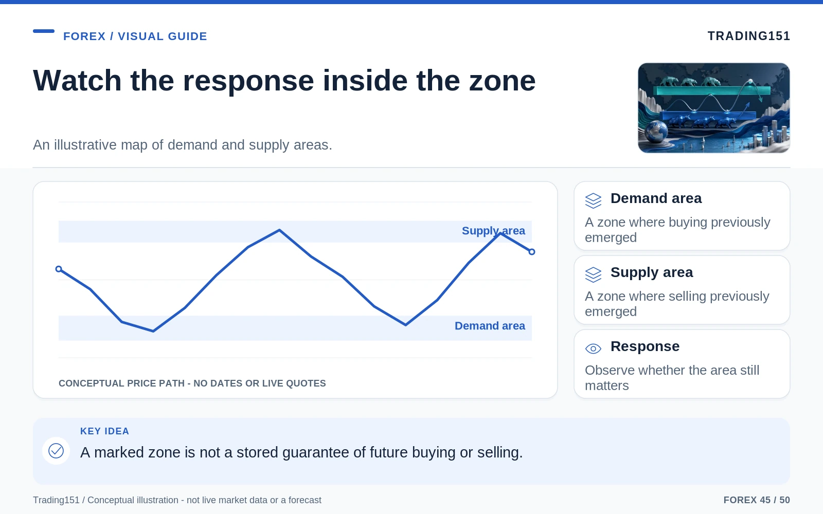 Conceptual diagram: Watch the response inside the zone. Key elements: Demand area; Supply area; Response.
