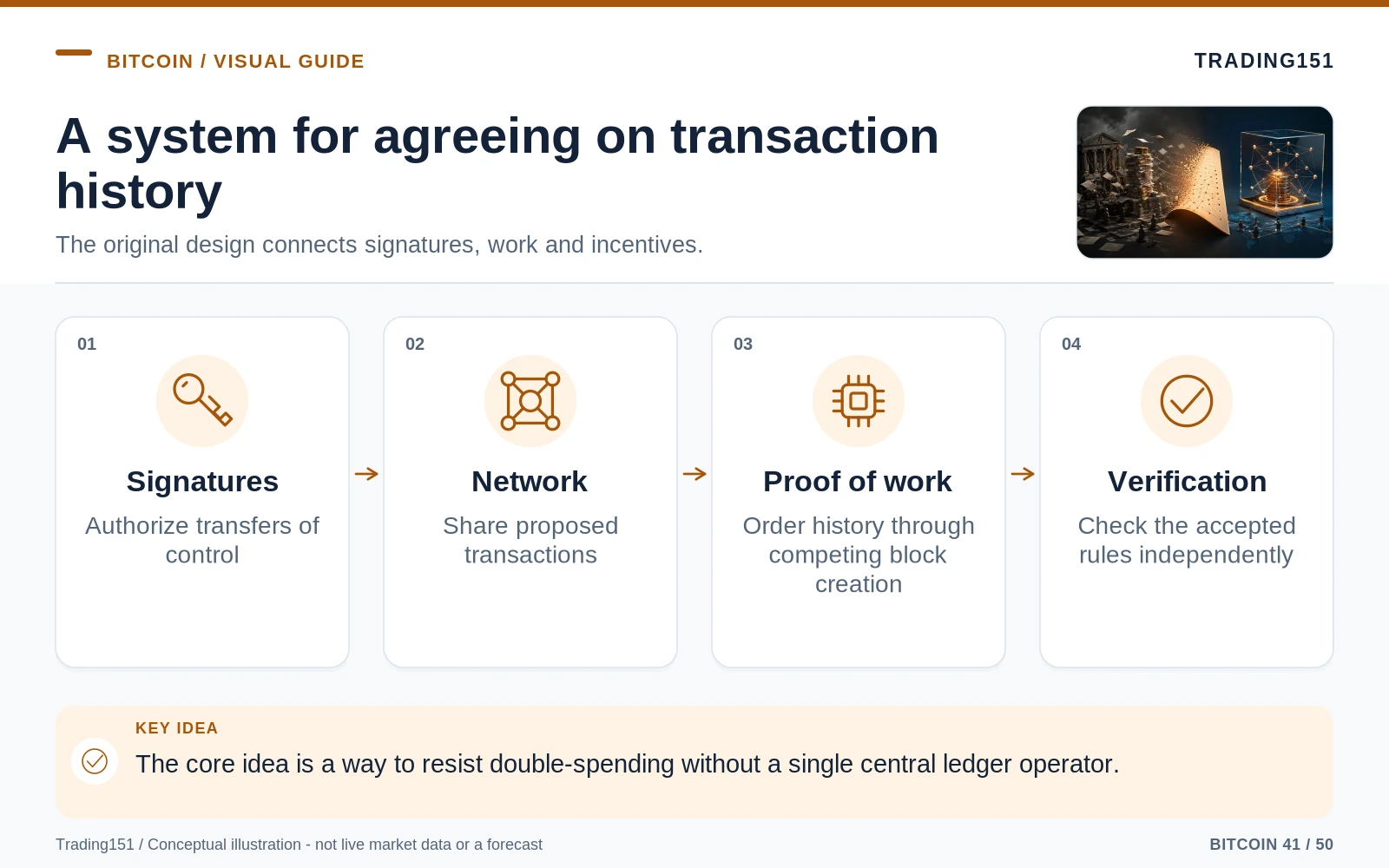 Conceptual diagram: A system for agreeing on transaction history. Key elements: Signatures; Network; Proof of work; Verification.