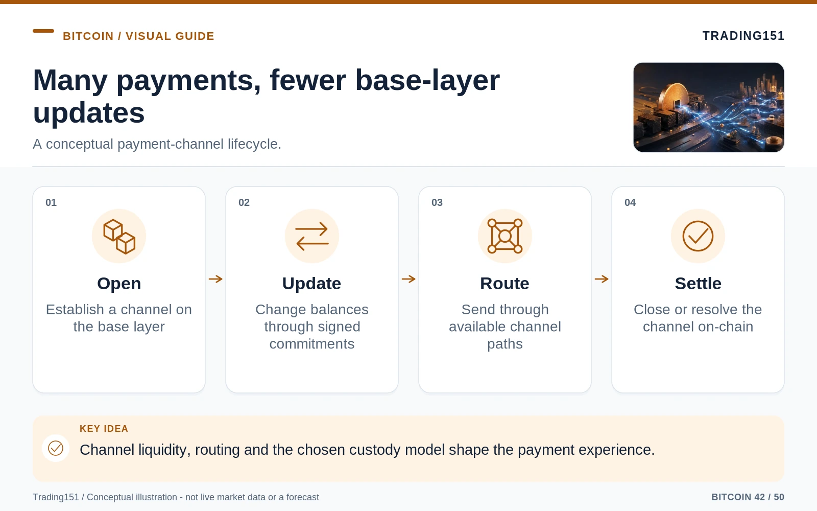 Conceptual diagram: Many payments, fewer base-layer updates. Key elements: Open; Update; Route; Settle.