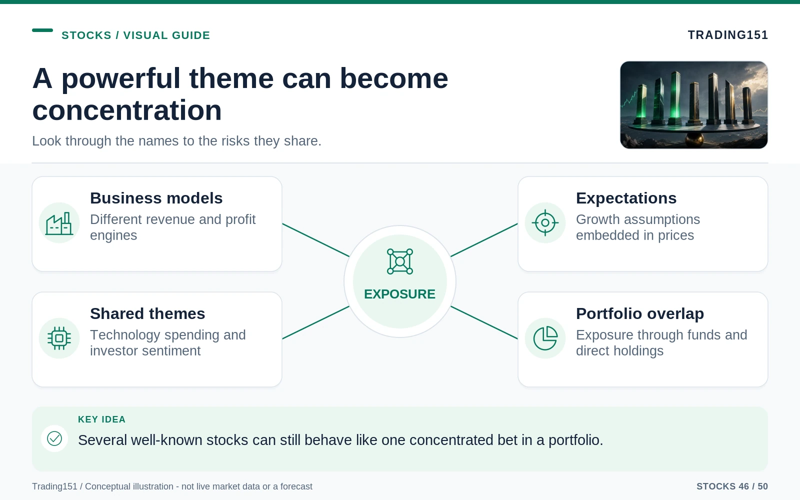 Conceptual diagram: A powerful theme can become concentration. Key elements: Business models; Expectations; Shared themes; Portfolio overlap.