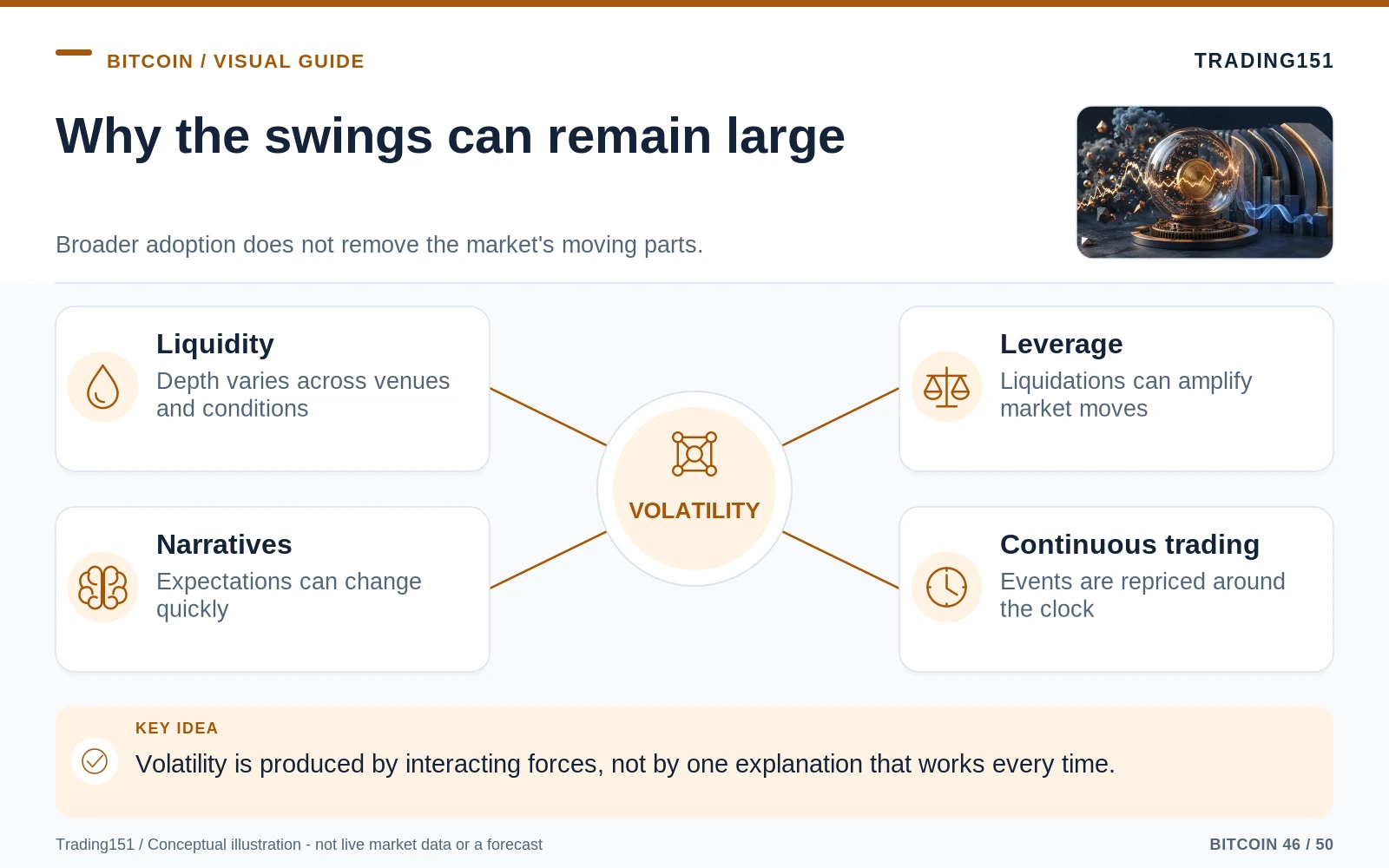 Conceptual diagram: Why the swings can remain large. Key elements: Liquidity; Leverage; Narratives; Continuous trading.