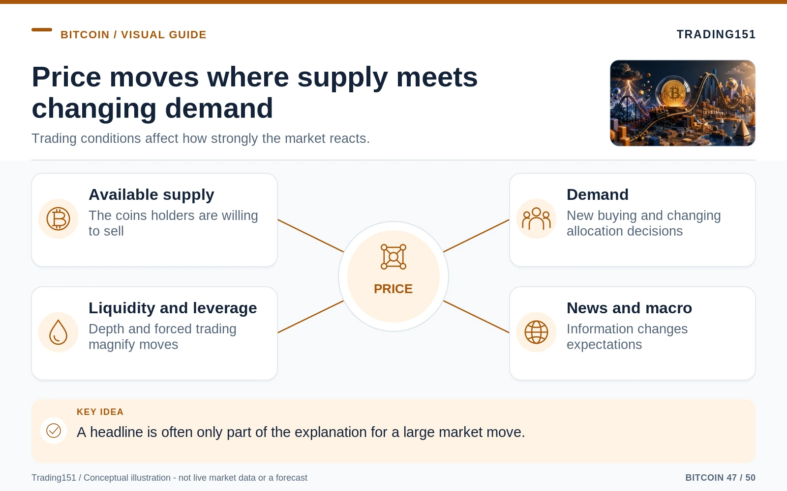Conceptual diagram: Price moves where supply meets changing demand. Key elements: Available supply; Demand; Liquidity and leverage; News and macro.