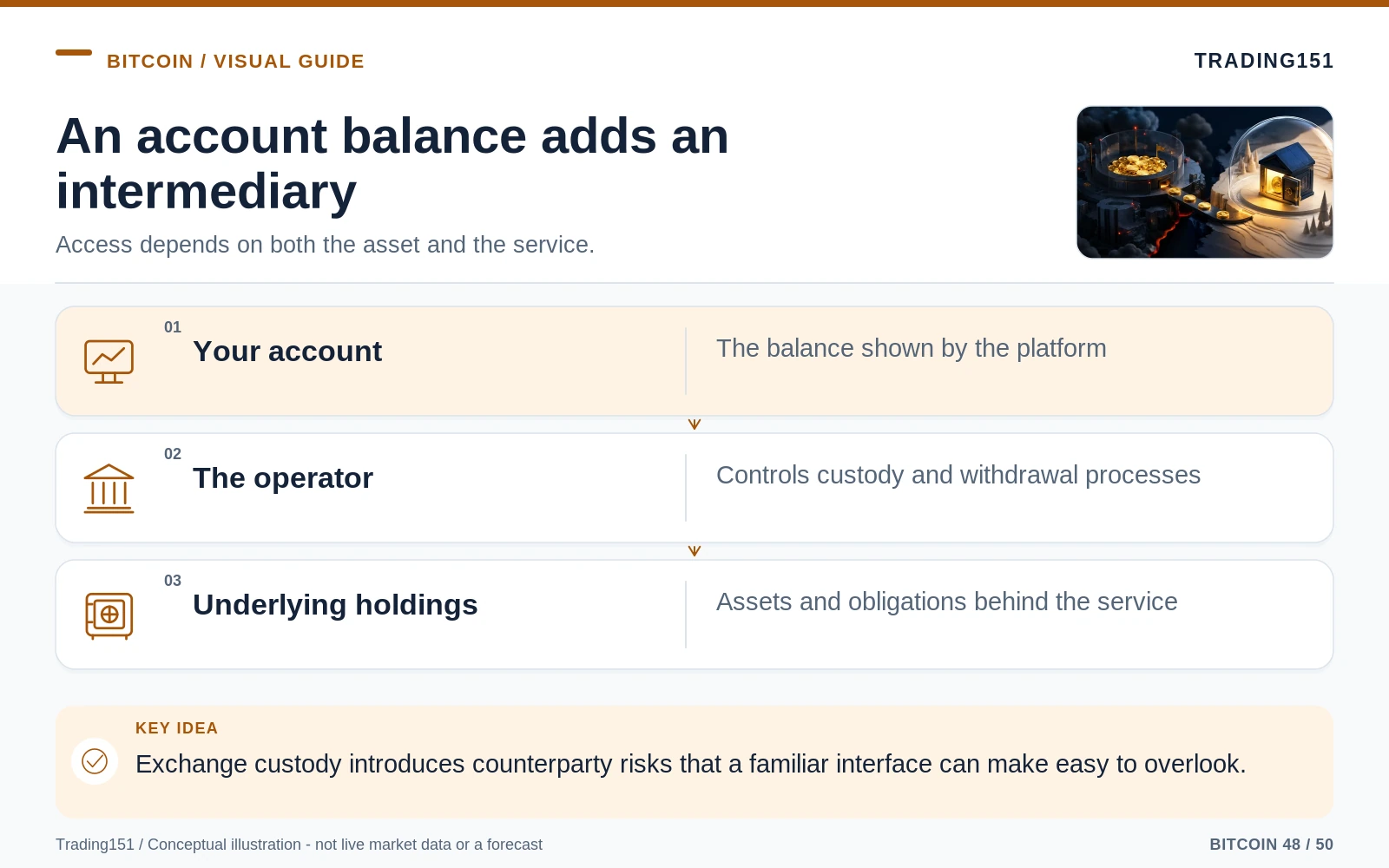 Conceptual diagram: An account balance adds an intermediary. Key elements: Your account; The operator; Underlying holdings.