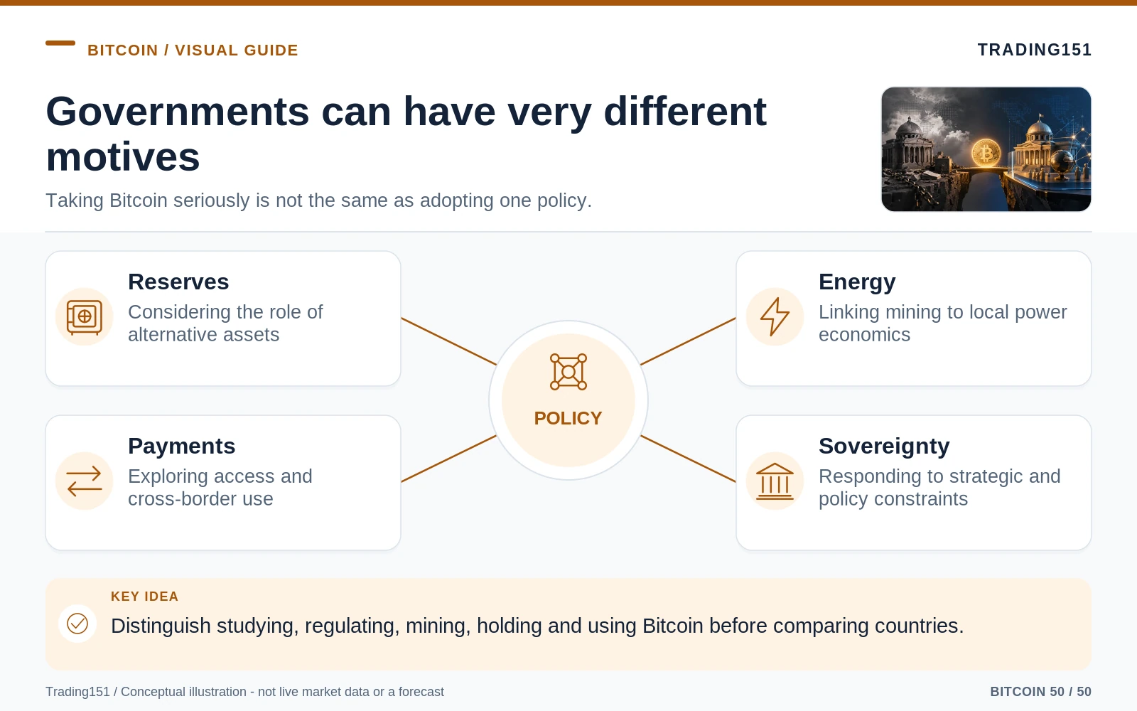 Conceptual diagram: Governments can have very different motives. Key elements: Reserves; Energy; Payments; Sovereignty.